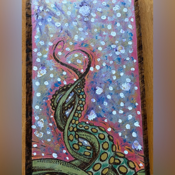 Octopus Tentacle Pyrography on Wood Panel Mixed Media Painting Wall Art 17X9 - Picture 4 of 16